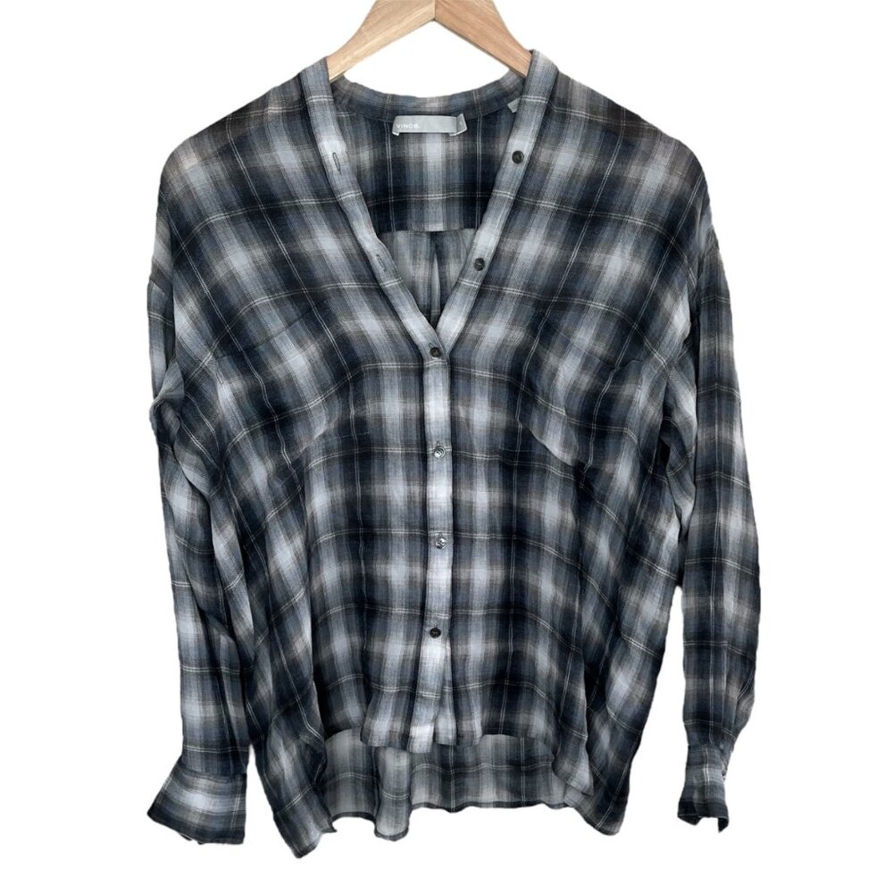 Vince Womens XS Shadow Plaid Georgette Silk Button-Up Shirt Blouse